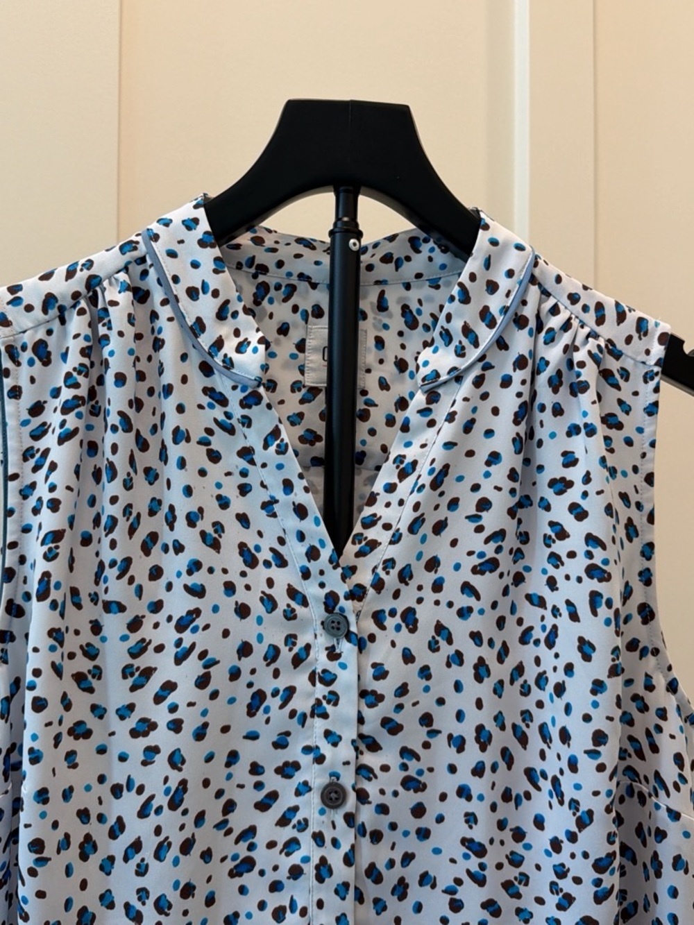 CAbi Sleeveless V-Neck Midi Dress in White with Blue and Black Spot Print